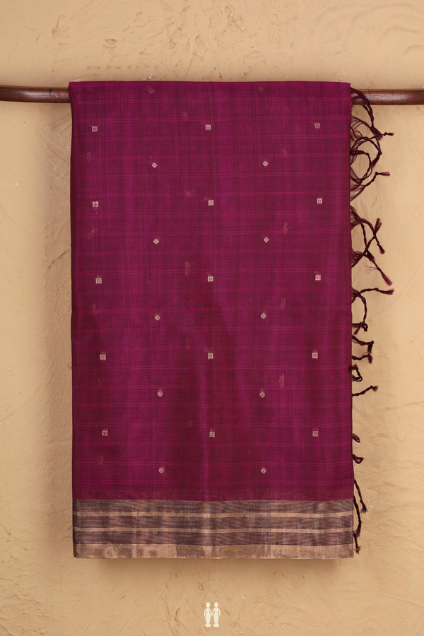 Kora Silk Cotton Saree In Berry Purple With Zari Buttis