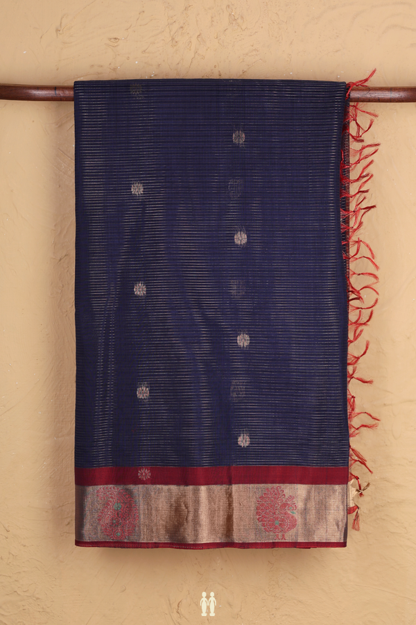 Kora Silk Cotton Saree Navy Blue Along Stripes With Buttas