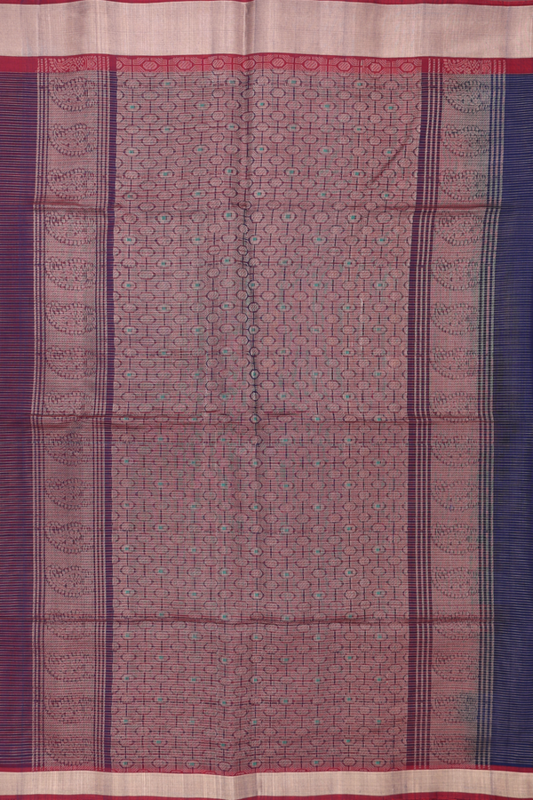 Kora Silk Cotton Saree Navy Blue Along Stripes With Buttas