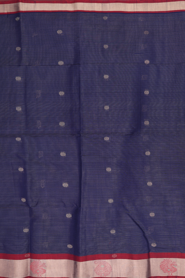 Kora Silk Cotton Saree Navy Blue Along Stripes With Buttas
