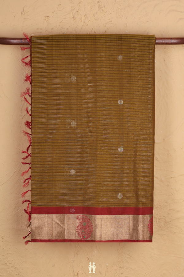 Kora Silk Cotton Saree In Brown Along Stripes With Buttas