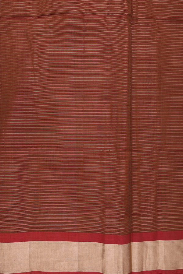 Kora Silk Cotton Saree In Brown Along Stripes With Buttas