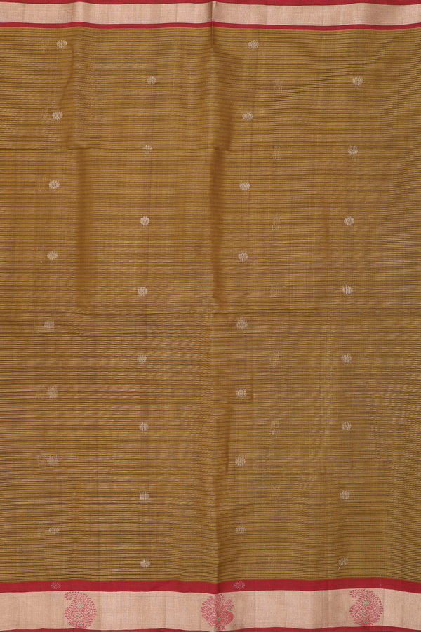 Kora Silk Cotton Saree In Brown Along Stripes With Buttas