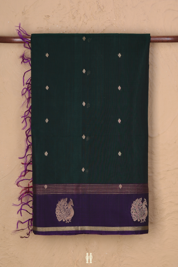 Kora Silk Cotton Saree In Forest Green With Diamond Buttis