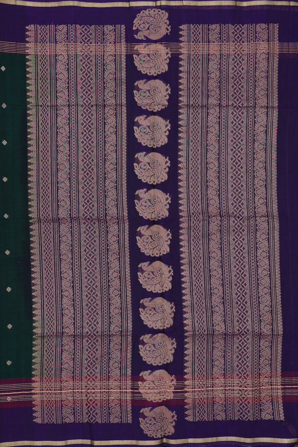 Kora Silk Cotton Saree In Forest Green With Diamond Buttis