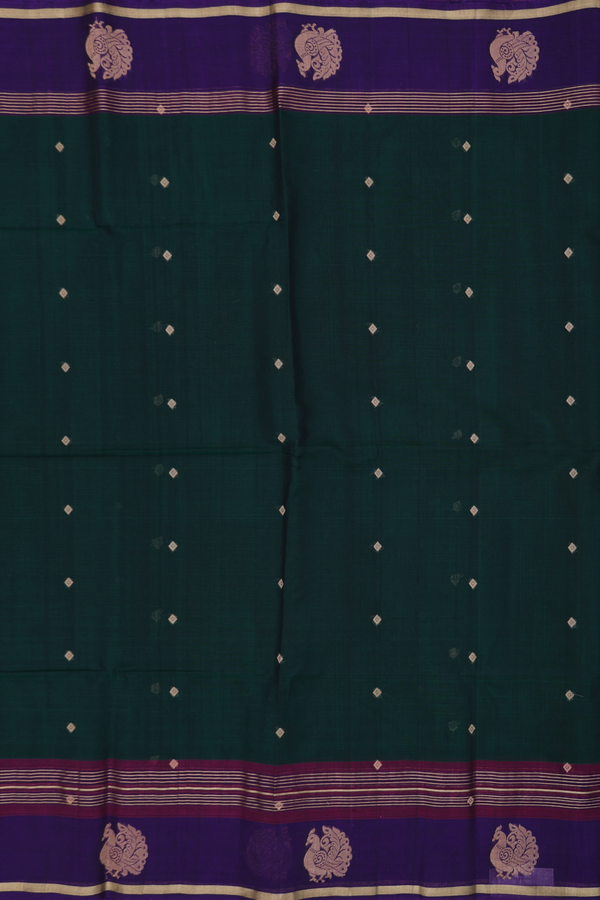Kora Silk Cotton Saree In Forest Green With Diamond Buttis