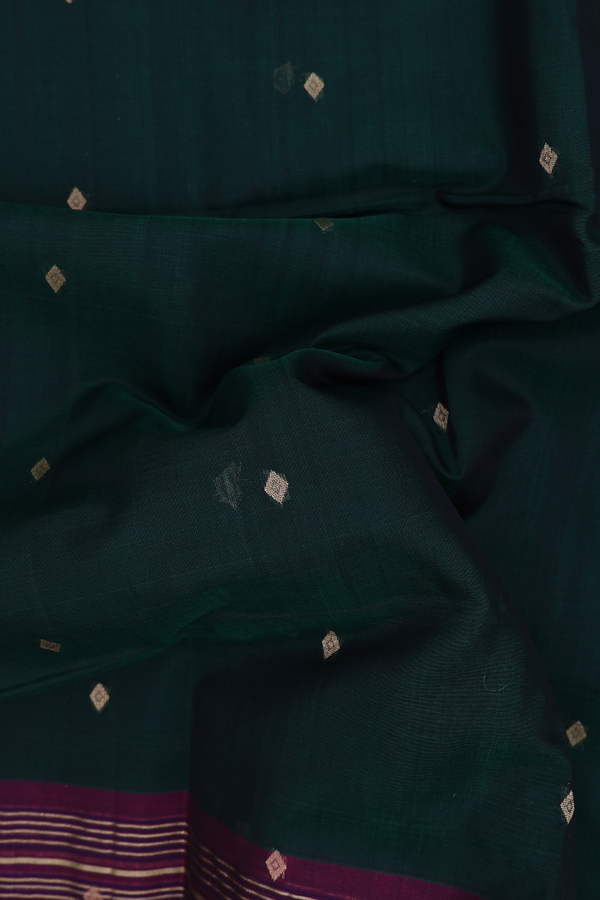 Kora Silk Cotton Saree In Forest Green With Diamond Buttis