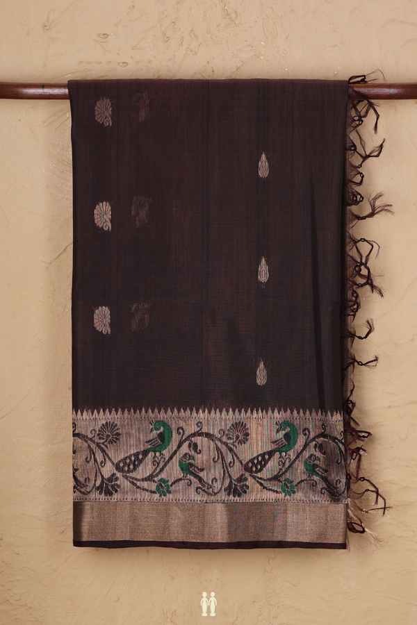 Kora Silk Cotton Saree In Coffee Brown With Floral Buttas