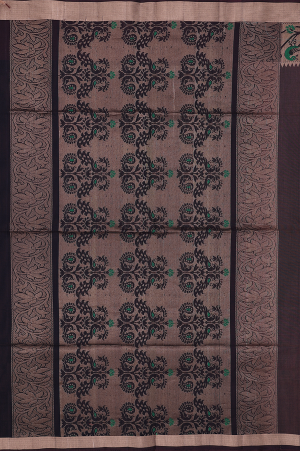 Kora Silk Cotton Saree In Coffee Brown With Floral Buttas