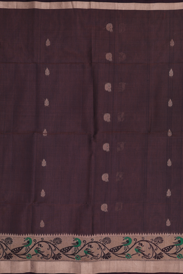 Kora Silk Cotton Saree In Coffee Brown With Floral Buttas