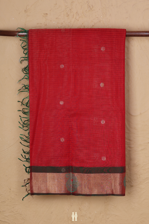 Kora Silk Cotton Saree In Red With Stripes Design