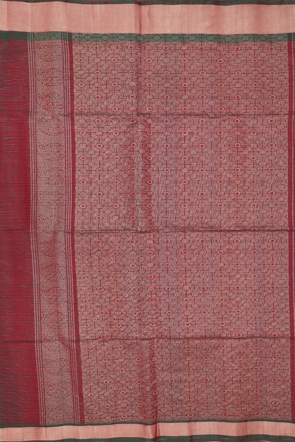 Kora Silk Cotton Saree In Red With Stripes Design