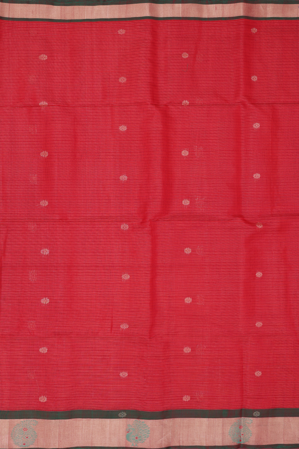 Kora Silk Cotton Saree In Red With Stripes Design