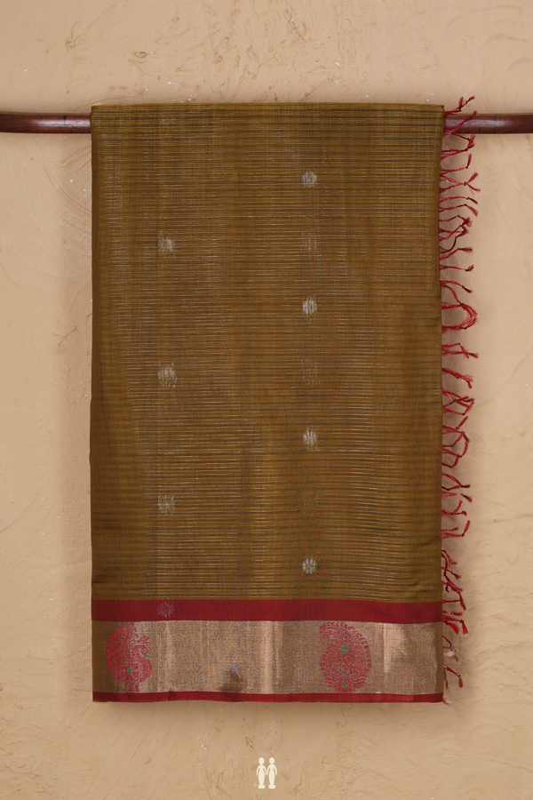 Kora Silk Cotton Saree In Olive Brown With Stripes Design
