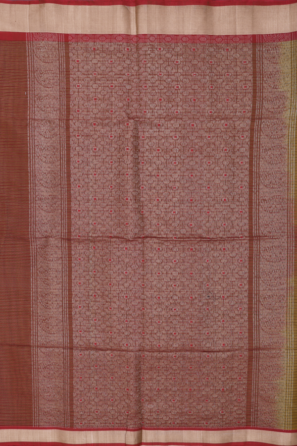 Kora Silk Cotton Saree In Olive Brown With Stripes Design