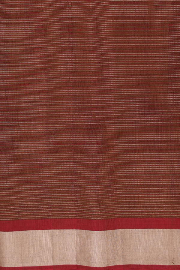Kora Silk Cotton Saree In Olive Brown With Stripes Design