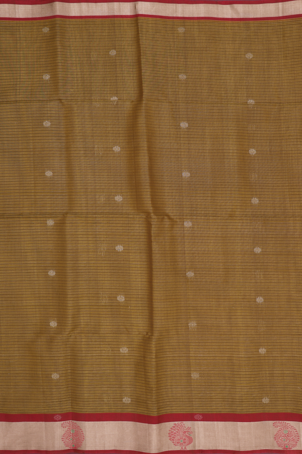 Kora Silk Cotton Saree In Olive Brown With Stripes Design