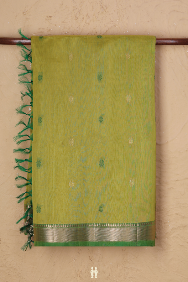 Kora Silk Cotton Saree In Pear Green With Floral Buttas