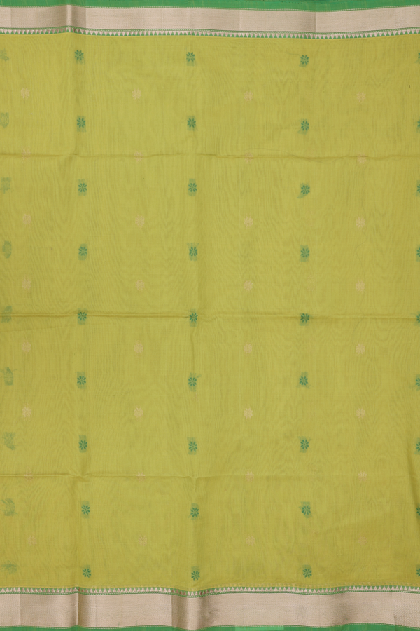 Kora Silk Cotton Saree In Pear Green With Floral Buttas