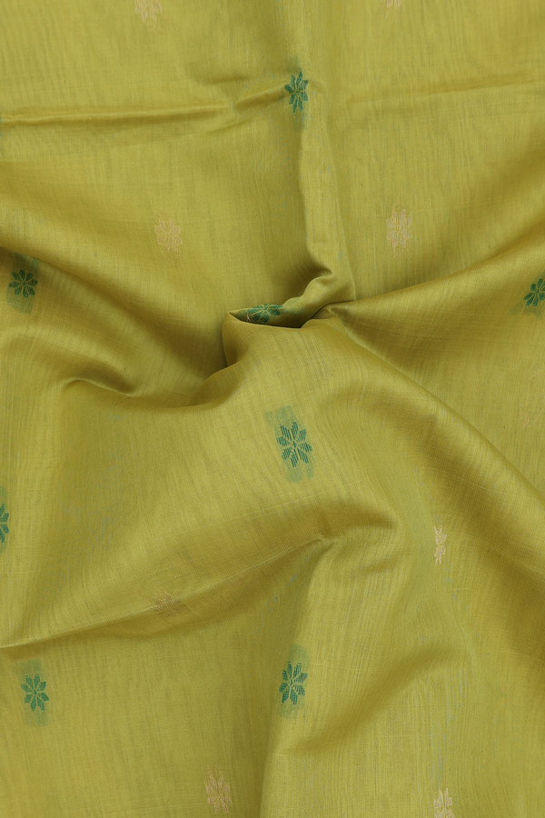 Kora Silk Cotton Saree In Pear Green With Floral Buttas