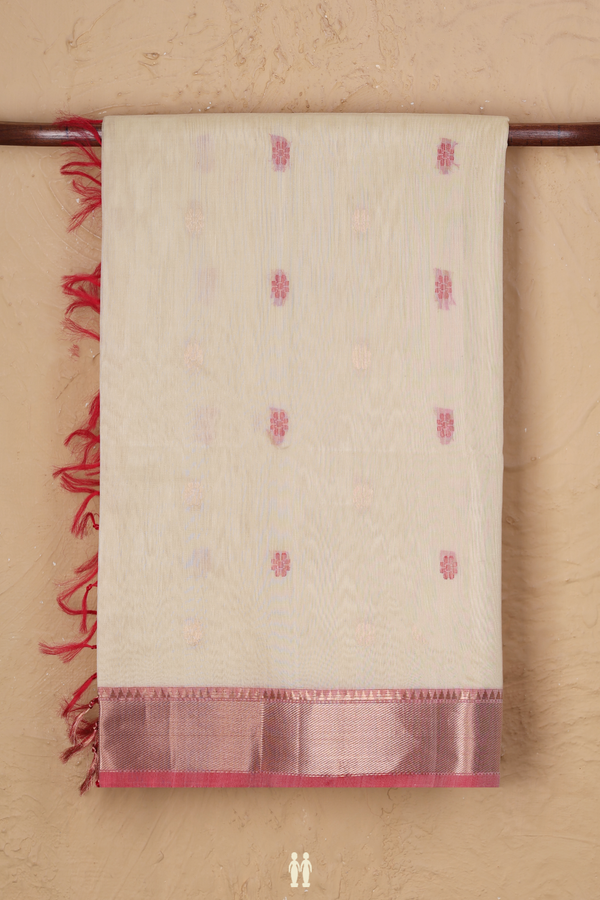 Kora Silk Cotton Saree In Cream Color With Floral Buttas