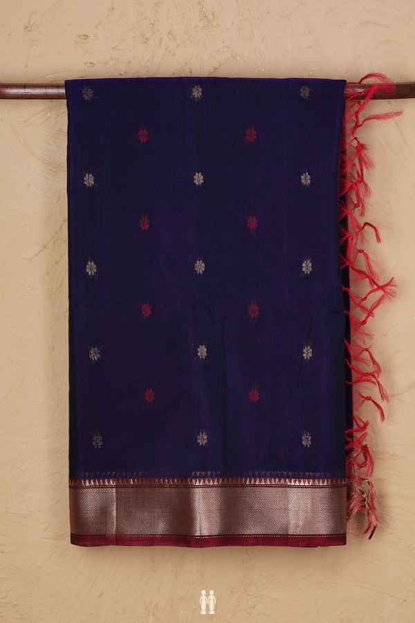 Kora Silk Cotton Saree In Navy Blue With Floral Buttas