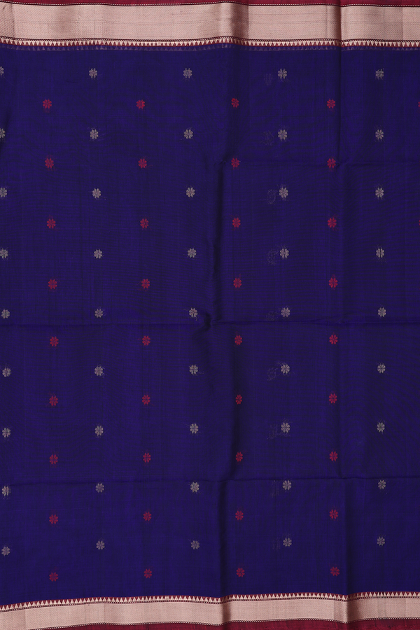 Kora Silk Cotton Saree In Navy Blue With Floral Buttas