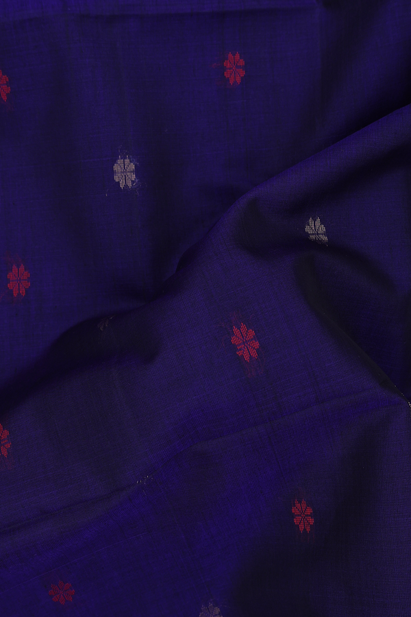 Kora Silk Cotton Saree In Navy Blue With Floral Buttas