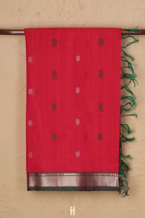 Kora Silk Cotton Saree In Coral Red With Floral Buttas