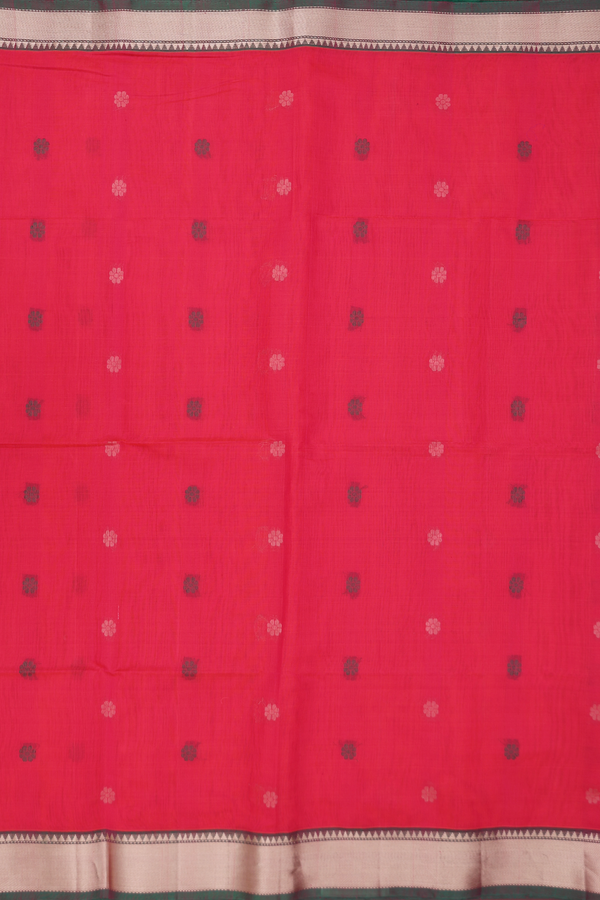 Kora Silk Cotton Saree In Coral Red With Floral Buttas