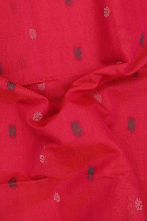 Kora Silk Cotton Saree In Coral Red With Floral Buttas
