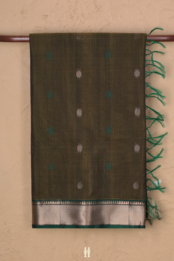 Kora Silk Cotton Saree In Mehendi Green With Floral Buttas