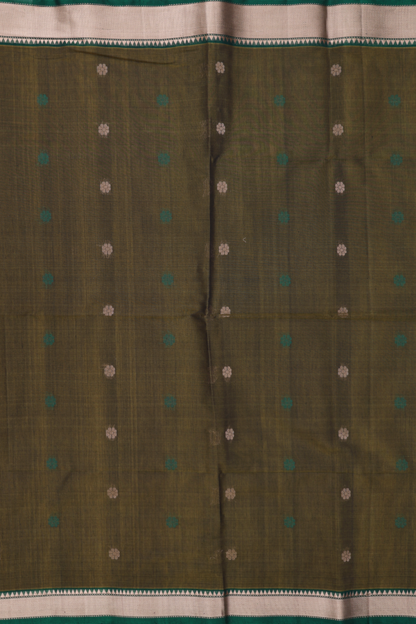 Kora Silk Cotton Saree In Mehendi Green With Floral Buttas