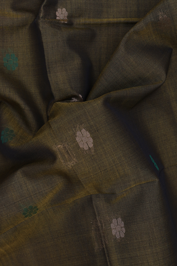Kora Silk Cotton Saree In Mehendi Green With Floral Buttas