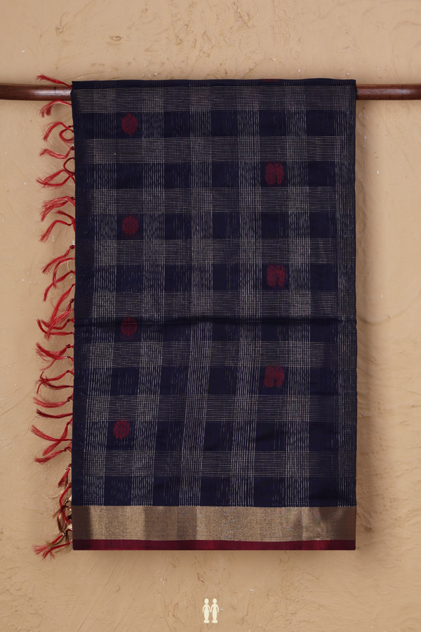 Kora Silk Cotton Saree In Navy Blue With Checks Design