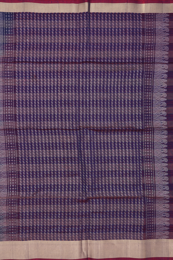 Kora Silk Cotton Saree In Navy Blue With Checks Design