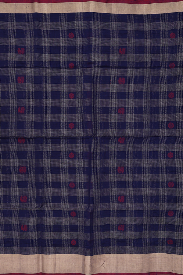 Kora Silk Cotton Saree In Navy Blue With Checks Design