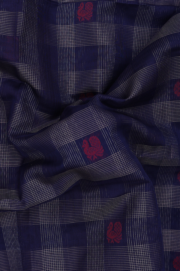 Kora Silk Cotton Saree In Navy Blue With Checks Design