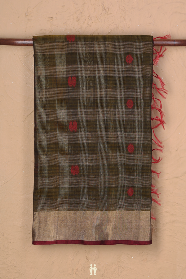 Kora Silk Cotton Saree In Golden Brown With Checks Design