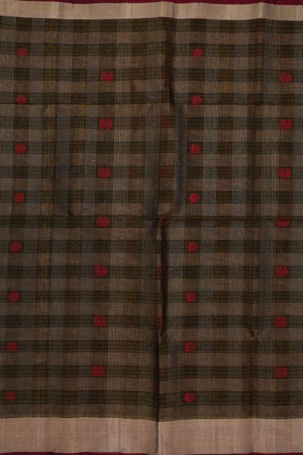 Kora Silk Cotton Saree In Golden Brown With Checks Design