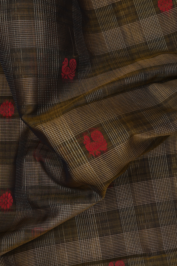 Kora Silk Cotton Saree In Golden Brown With Checks Design