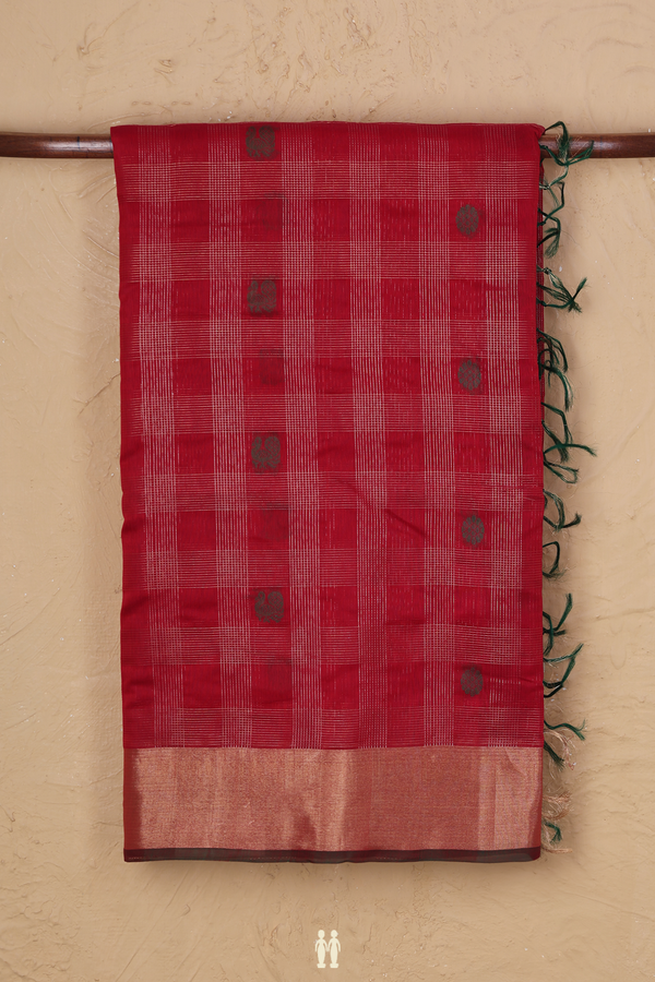 Kora Silk Cotton Saree In Red With Checks Design