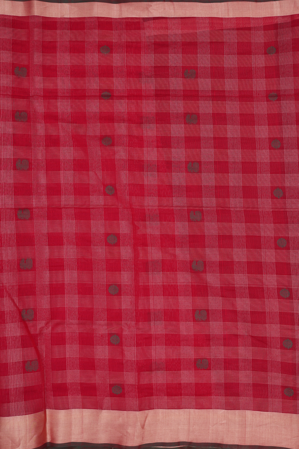 Kora Silk Cotton Saree In Red With Checks Design