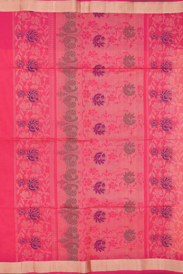Kora Silk Cotton Saree In Coral Pink With Zari Buttas