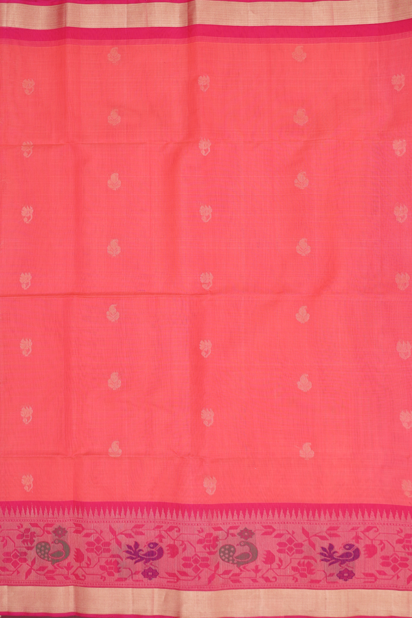 Kora Silk Cotton Saree In Coral Pink With Zari Buttas