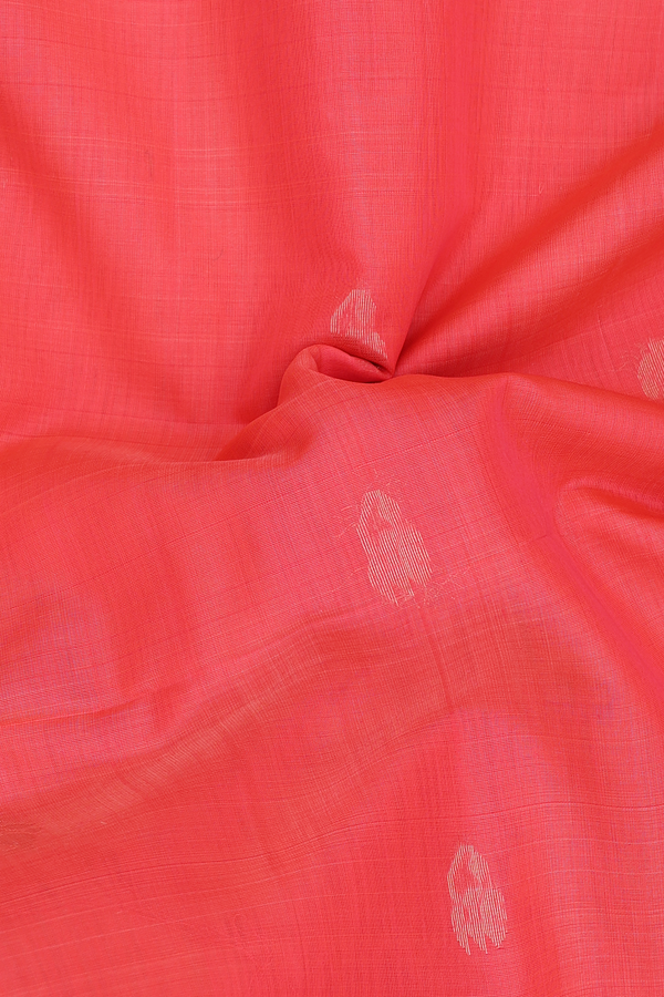 Kora Silk Cotton Saree In Coral Pink With Zari Buttas