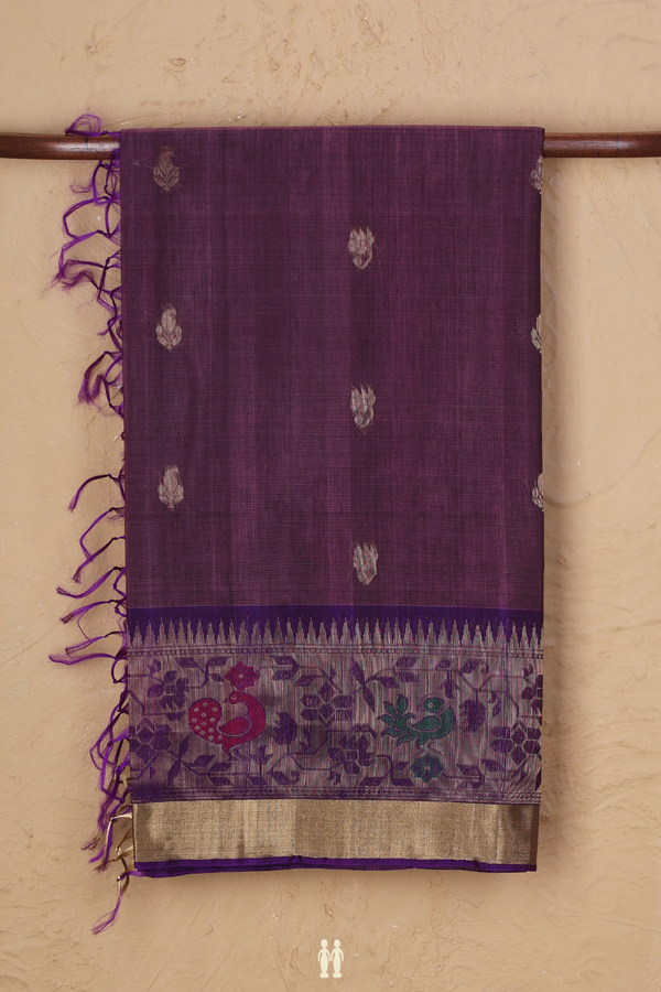 Kora Silk Cotton Saree In Purple With Paisley Buttas