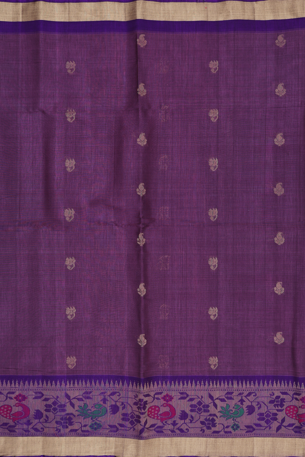 Kora Silk Cotton Saree In Purple With Paisley Buttas