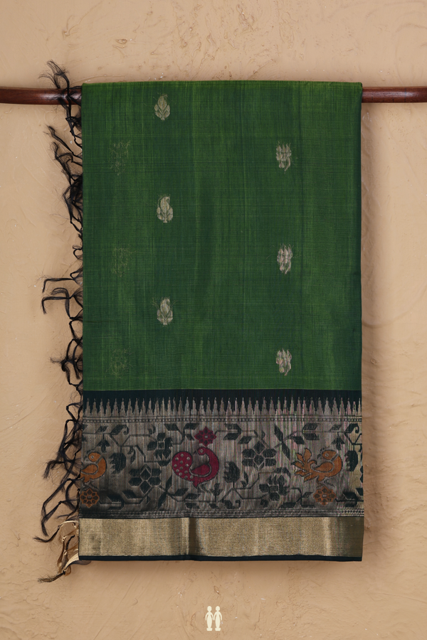Kora Silk Cotton Saree In Leaf Green With Paisley Buttas