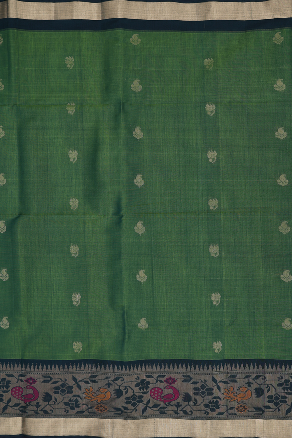 Kora Silk Cotton Saree In Leaf Green With Paisley Buttas